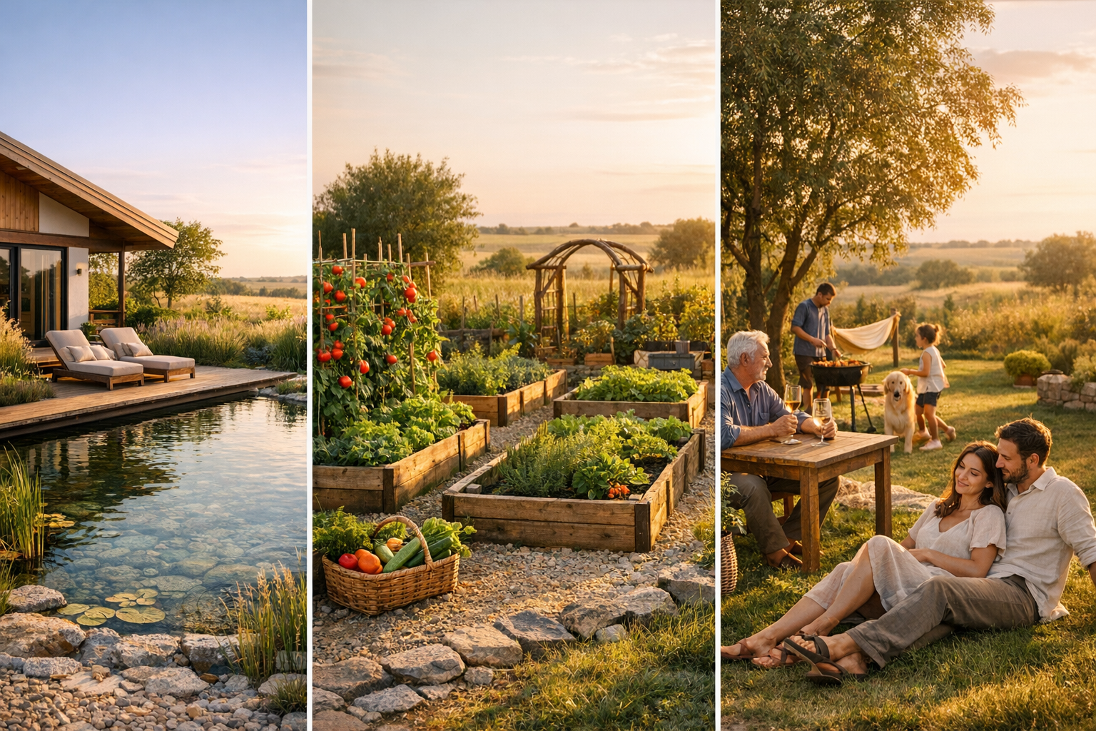 Vizual inspirational cu piscina eco, gradina de legume si familie relaxata in natura